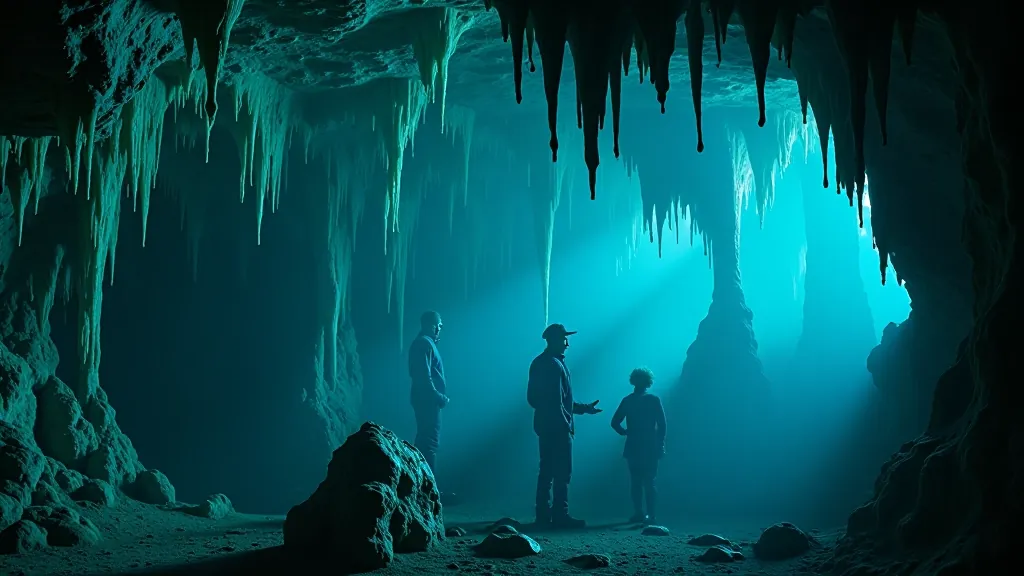 Alas iekšēja kamera ar zaļiem stalagmītiem un baltiem stalaktītiem, profesionāli apgaismota, ģeoloģiskas formācijas