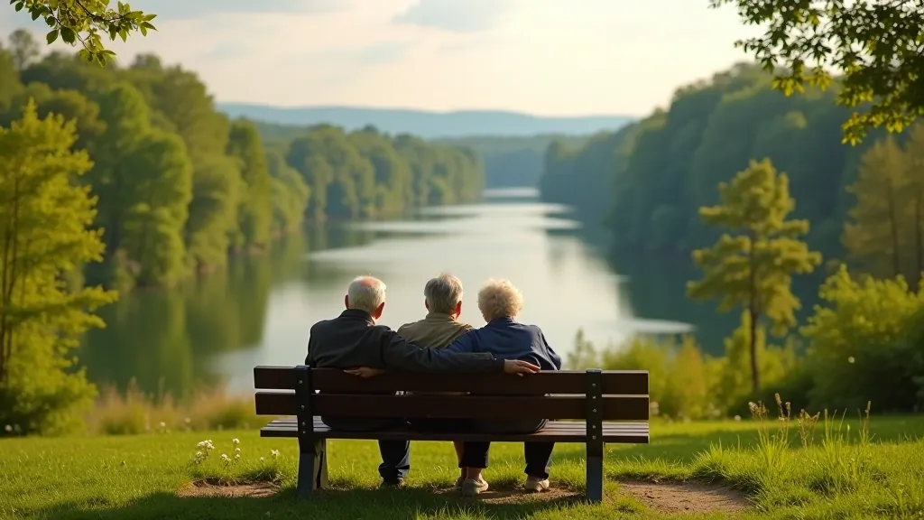 Seniori sēž uz skaista sola parkā, atpūtīgi mirkļi