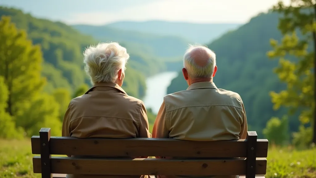 Seniori sēž uz soliņa Paugurkalns punktā, Sigulda, daļas skats uz Gauju, mežs fona
